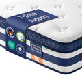 Close-up corner shot of the Vasagle mattress showing the 7-zone support label and CertiPUR-US and Oeko-Tex certification badges