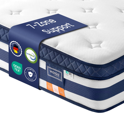 Close-up corner shot of the Vasagle mattress showing the 7-zone support label and CertiPUR-US and Oeko-Tex certification badges