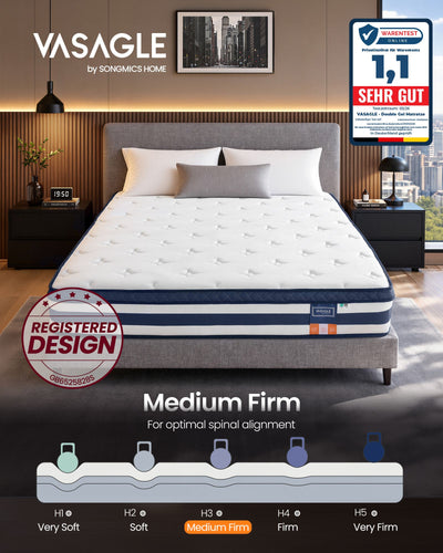 Lifestyle bedroom shot of the mattress with a firmness scale showing its H3 medium-firm rating