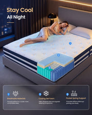 Lifestyle shot highlighting the breathable cover and cooling gel foam layer for a cooler night's sleep