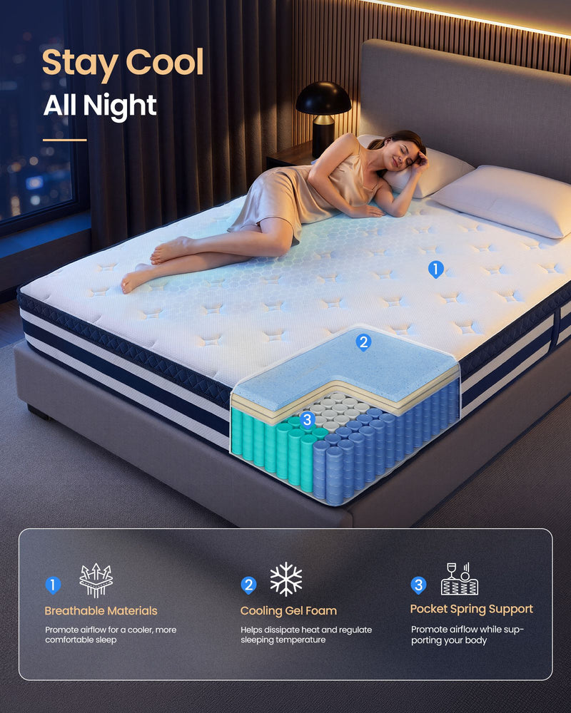 Lifestyle shot highlighting the breathable cover and cooling gel foam layer for a cooler night's sleep