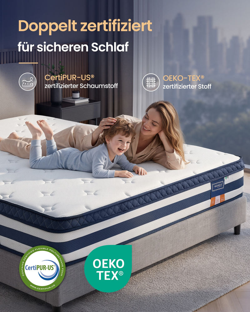 Lifestyle shot of a parent and child on the mattress with CertiPUR-US and Oeko-Tex certification badges