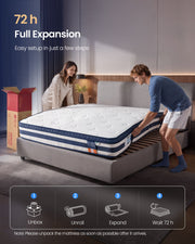 Lifestyle shot showing the mattress unboxing and expansion process over 72 hours