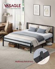 Black metal bed frame with headboard in a bedroom with a desk and shelves