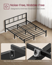 Noise-reducing features of the bed frame, including side hooks with sound isolators and plastic connectors