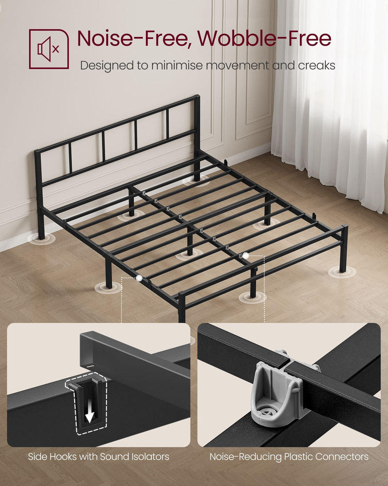 Noise-reducing features of the bed frame, including side hooks with sound isolators and plastic connectors