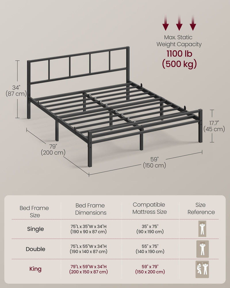 Bed frame dimensions diagram showing 200 cm length, 150 cm width, 87 cm height and 45 cm base height