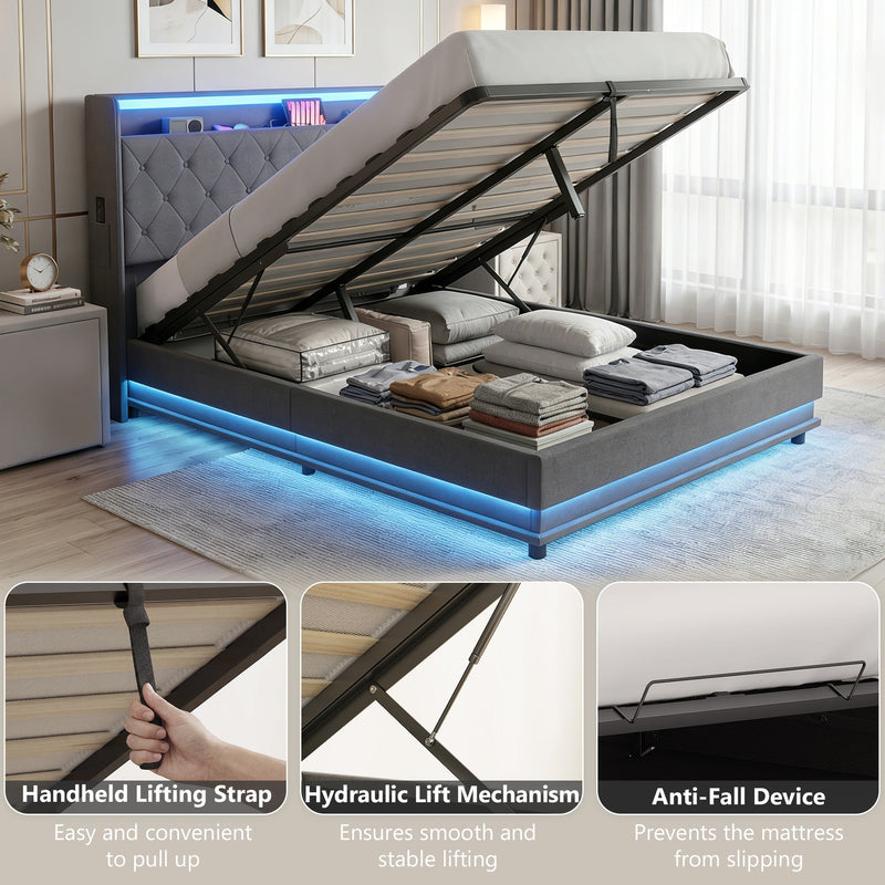 Double ottoman bed raised in a bedroom with close-ups of the lifting strap, hydraulic lift and anti-fall device