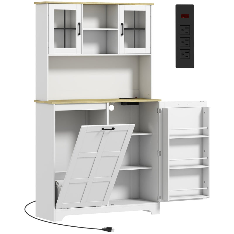 White kitchen cupboard with glass upper doors, tilt-out bin and an inset 3 socket charging strip