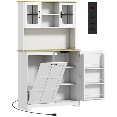 White kitchen cupboard with glass upper doors, tilt-out bin and an inset 3 socket charging strip