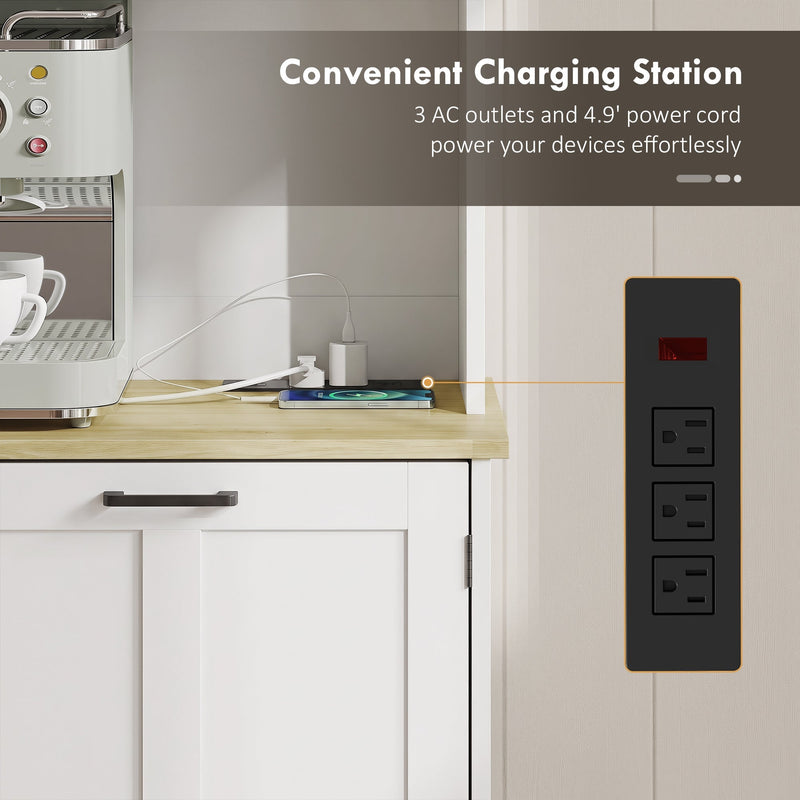 Close-up of the built-in charging station with 3 sockets powering a phone on the worktop