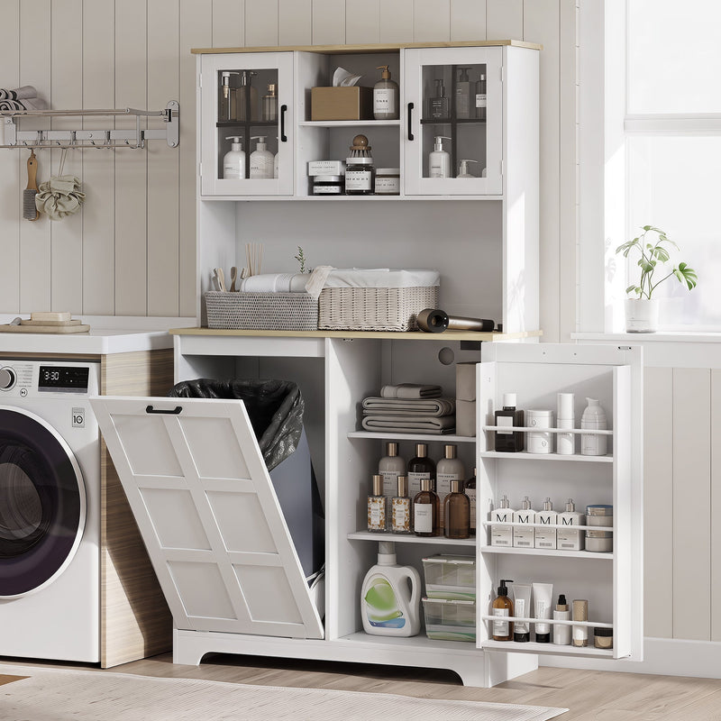 Cupboard used in a utility room beside a washing machine, holding towels and toiletries