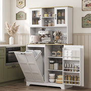 Cupboard in a farmhouse kitchen with an espresso machine and hanging mugs on the counter