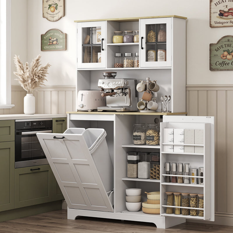 Cupboard in a farmhouse kitchen with an espresso machine and hanging mugs on the counter