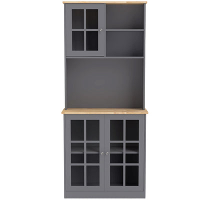 HOMCOM grey kitchen buffet hutch with oak-tone top and glass cabinet doors, front view
