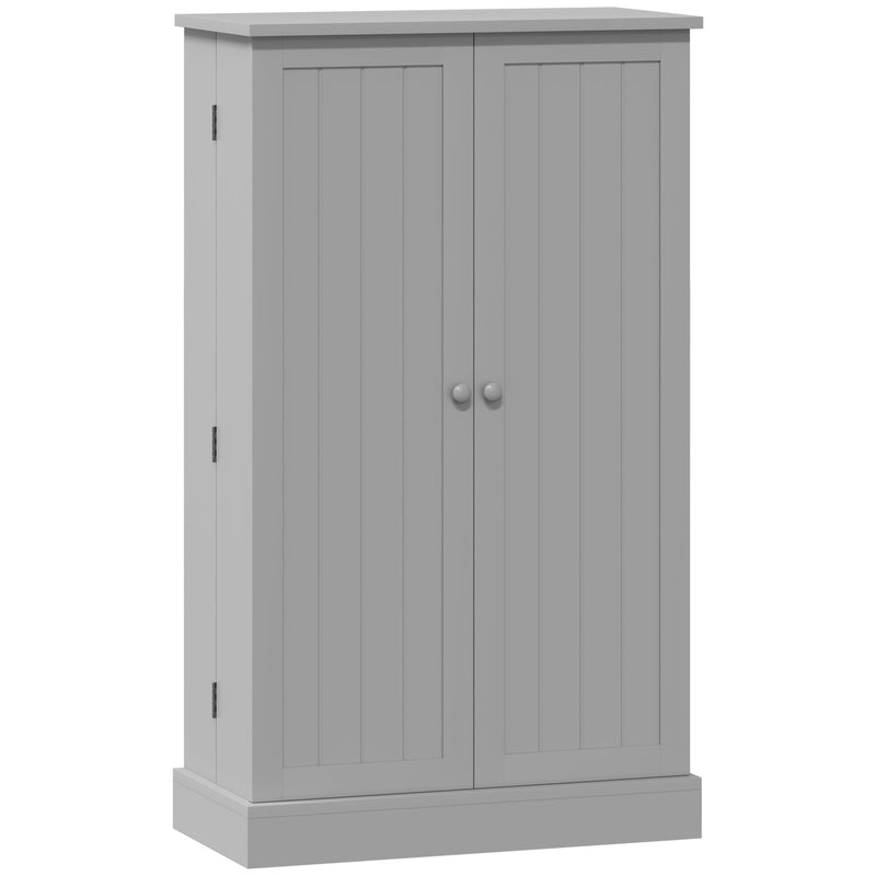 Grey kitchen pantry cabinet with double doors closed on a white background
