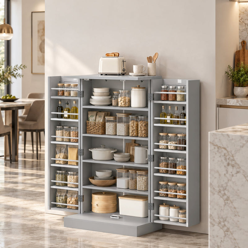 Grey pantry cabinet with both doors open and shelves and door racks full of jars and plates in a kitchen