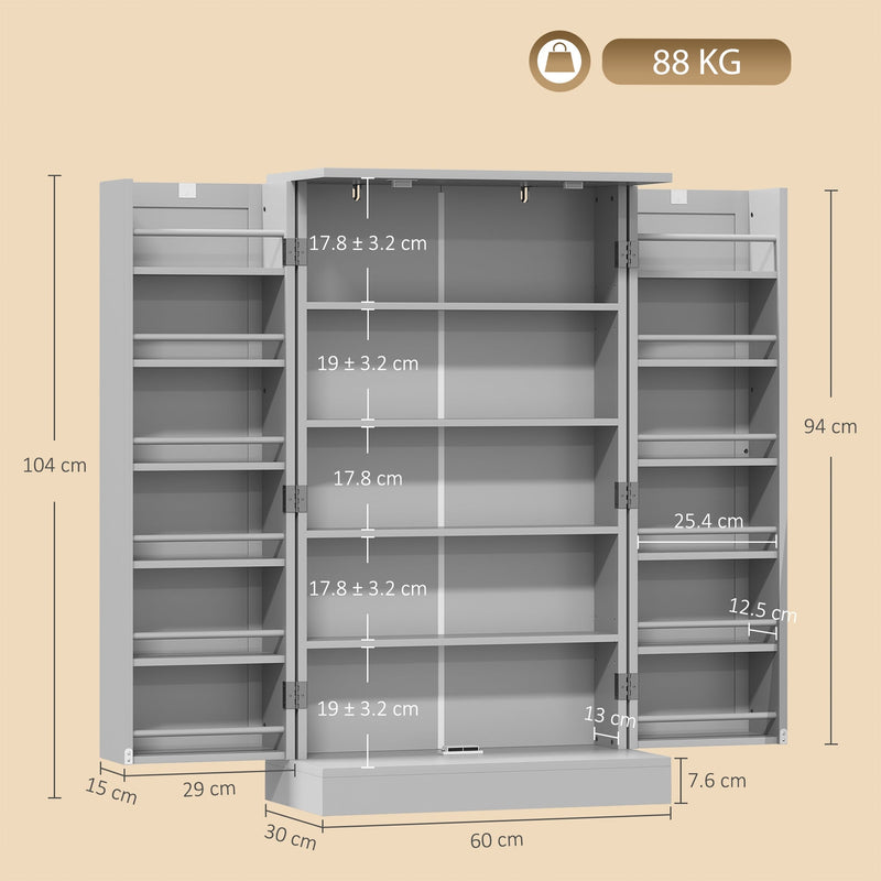 Dimensions diagram of the grey pantry cabinet: 60 cm wide, 30 cm deep, 104 cm high, 88 kg capacity