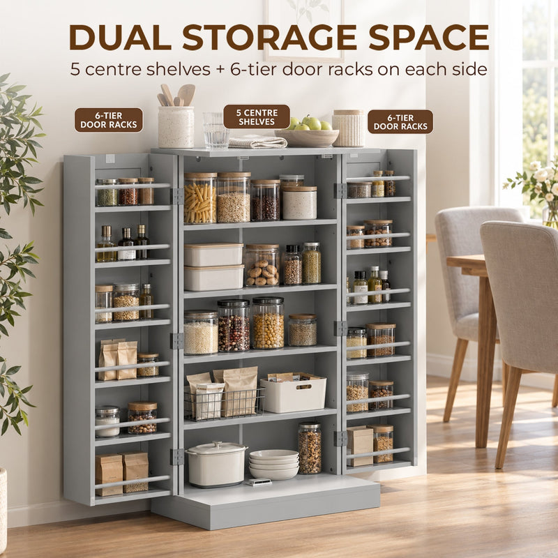 Open pantry cabinet showing 5 centre shelves and a 6-tier door rack on each side filled with food jars