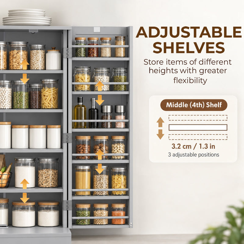 Pantry cabinet with a callout showing the middle shelf moving to 3 height positions