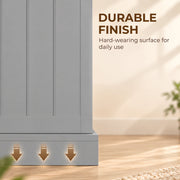 Close-up of the painted grey door panel and base of the pantry cabinet