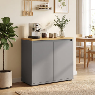 HOMCOM grey kitchen sideboard with wood-effect top styled as a coffee station in a kitchen