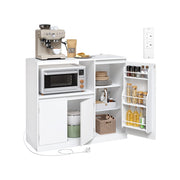 Vasagle kitchen sideboard with both doors open showing a microwave, espresso machine and pull-out spice rack storage