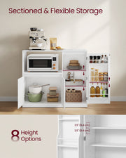 Close-up of the kitchen sideboard's adjustable shelf pegs showing 8 height options for flexible storage