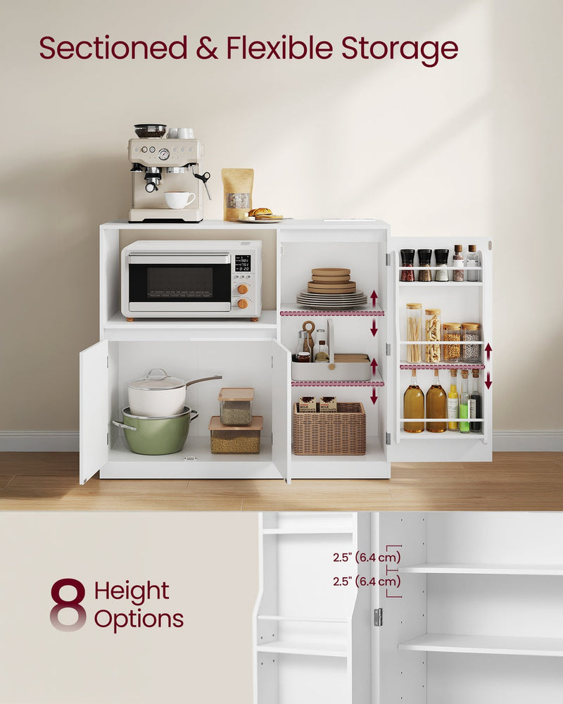 Close-up of the kitchen sideboard's adjustable shelf pegs showing 8 height options for flexible storage