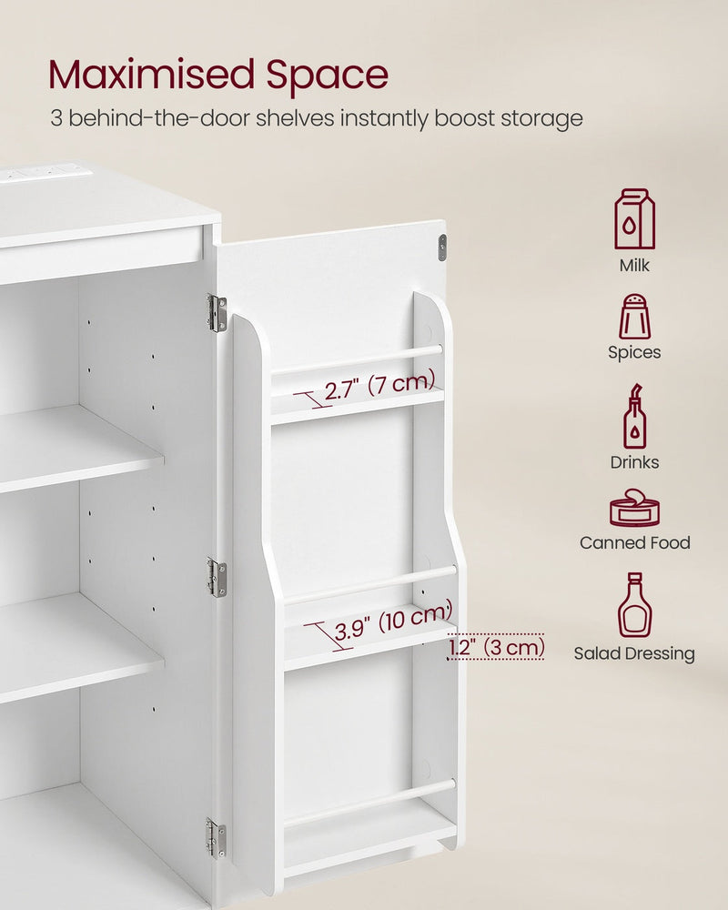 Close-up of the door-mounted spice rack shelves on the kitchen sideboard with shelf spacing measurements labelled