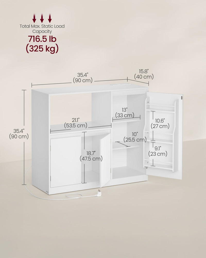 Dimensions diagram of the Vasagle kitchen sideboard showing 90 x 40 x 90cm size and 325kg total load capacity