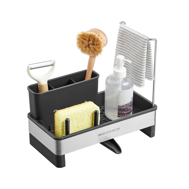Songmics stainless steel kitchen sink caddy in ink black, studio shot with brush, sponge, and soap dispenser
