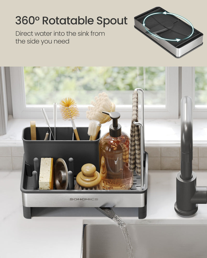 Close-up of the sink caddy's 360 degree rotatable spout draining water into the sink