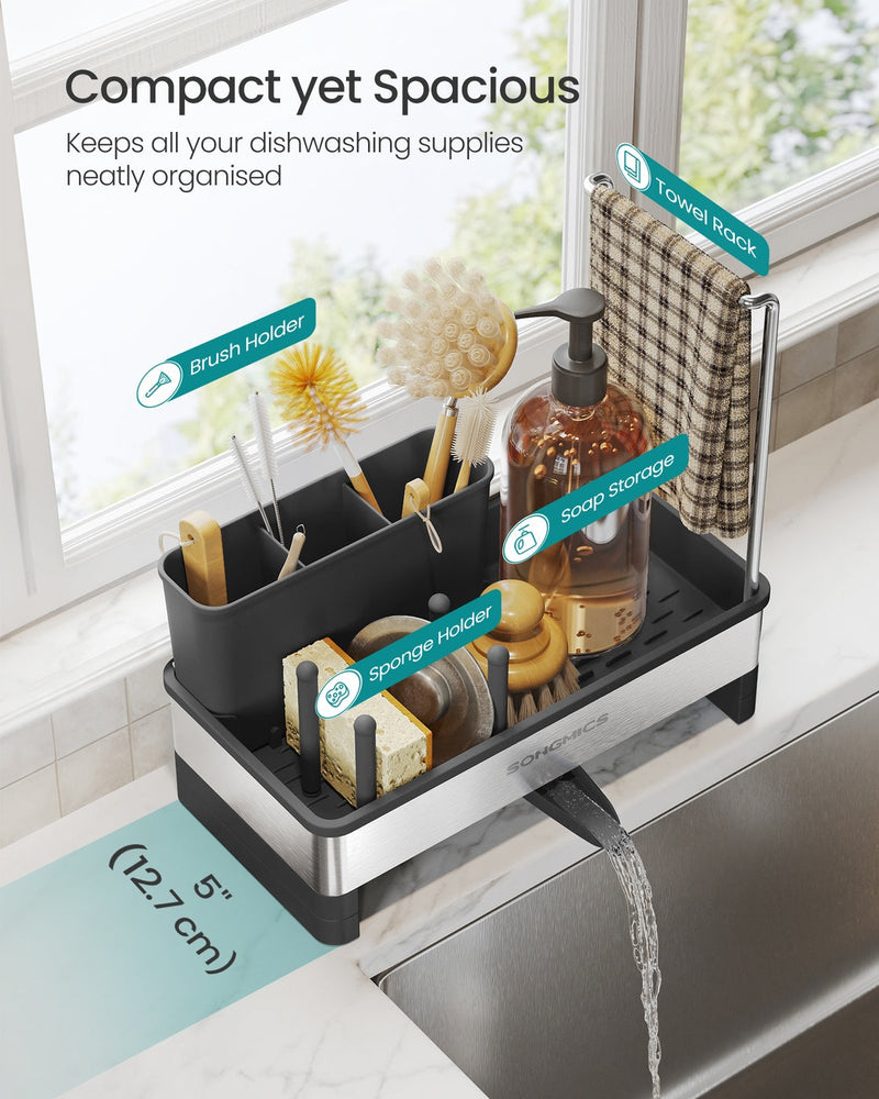 Overhead view of the compact sink caddy labelled with brush holder, sponge holder, soap storage, and towel rack