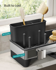 Close-up showing the sink caddy's PP plastic insert and stainless steel tray materials