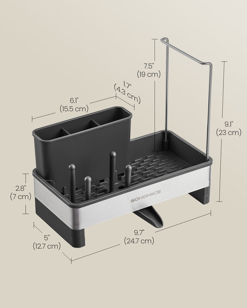 Dimensions diagram of the kitchen sink caddy showing 24.7cm width, 12.7cm depth and 23cm height