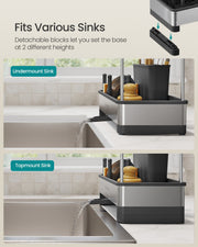 Sink caddy shown fitted to both an undermount sink and a topmount sink using its detachable height blocks