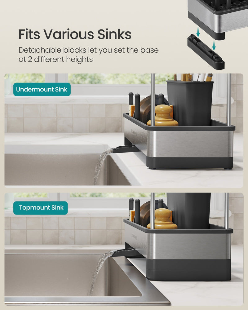 Sink caddy shown fitted to both an undermount sink and a topmount sink using its detachable height blocks