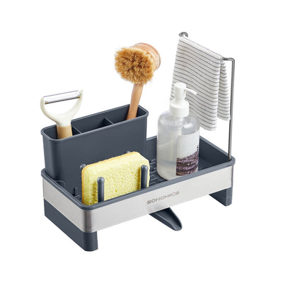 Songmics stainless steel kitchen sink caddy in slate grey, studio shot with brush, sponge, and soap dispenser