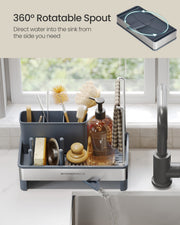 Close-up of the sink caddy's 360 degree rotatable spout draining water into the sink