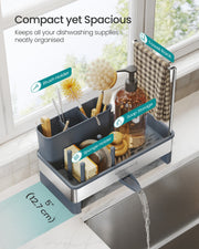 Overhead view of the compact sink caddy labelled with brush holder, sponge holder, soap storage, and towel rack