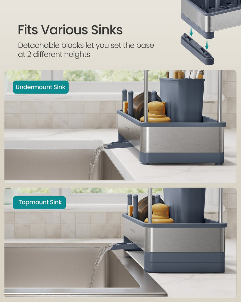 Sink caddy shown fitted to both an undermount sink and a topmount sink using its detachable height blocks