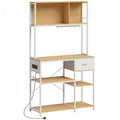 HOMCOM kitchen storage rack in oak and white, front view with built-in power outlet