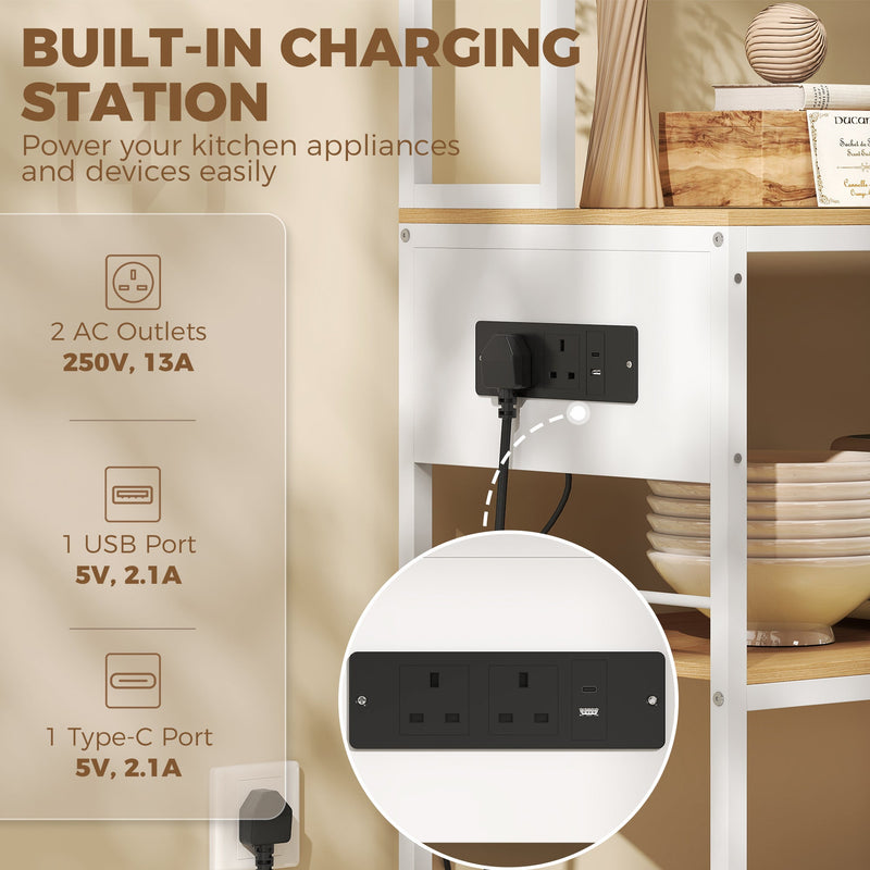 Close-up of the built-in charging station with 2 AC outlets, USB and Type-C ports