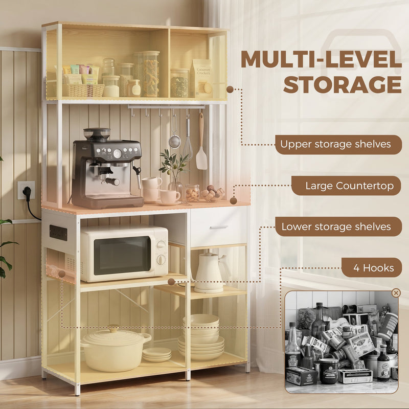 Diagram showing the upper shelves, countertop, lower shelves and 4 hooks on the storage rack