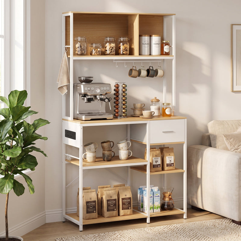 Kitchen storage rack styled as a coffee and tea bar in a living room