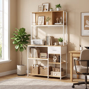 Kitchen storage rack styled as a home office display shelf with books and plants