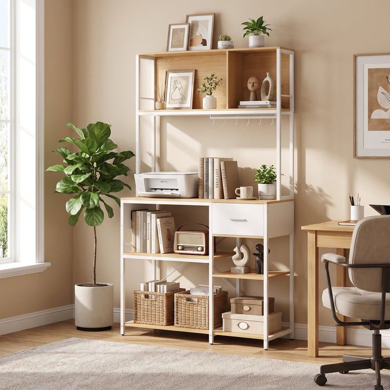 Kitchen storage rack styled as a home office display shelf with books and plants