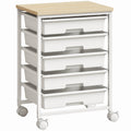White 5-drawer kitchen storage trolley with a maple-effect top on 4 castors
