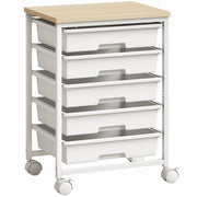 White 5-drawer kitchen storage trolley with a maple-effect top on 4 castors